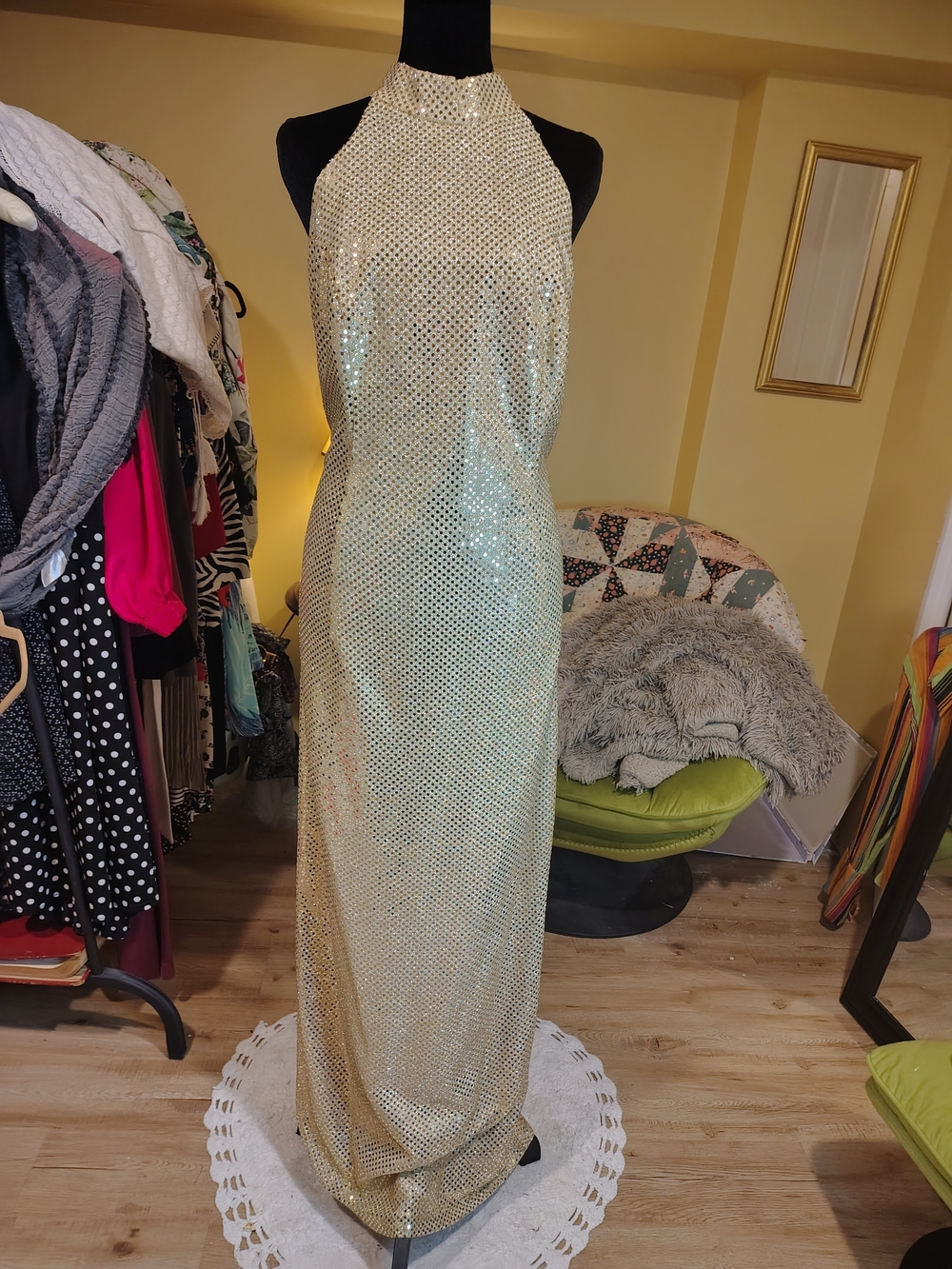 Mint Vintage 90s Gold Sequin Halter Evening Dress